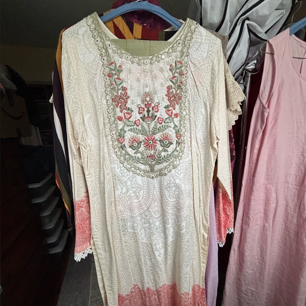 Floral Embroidered Long Sleeve Salwar Kameez with cream pant, green scarf